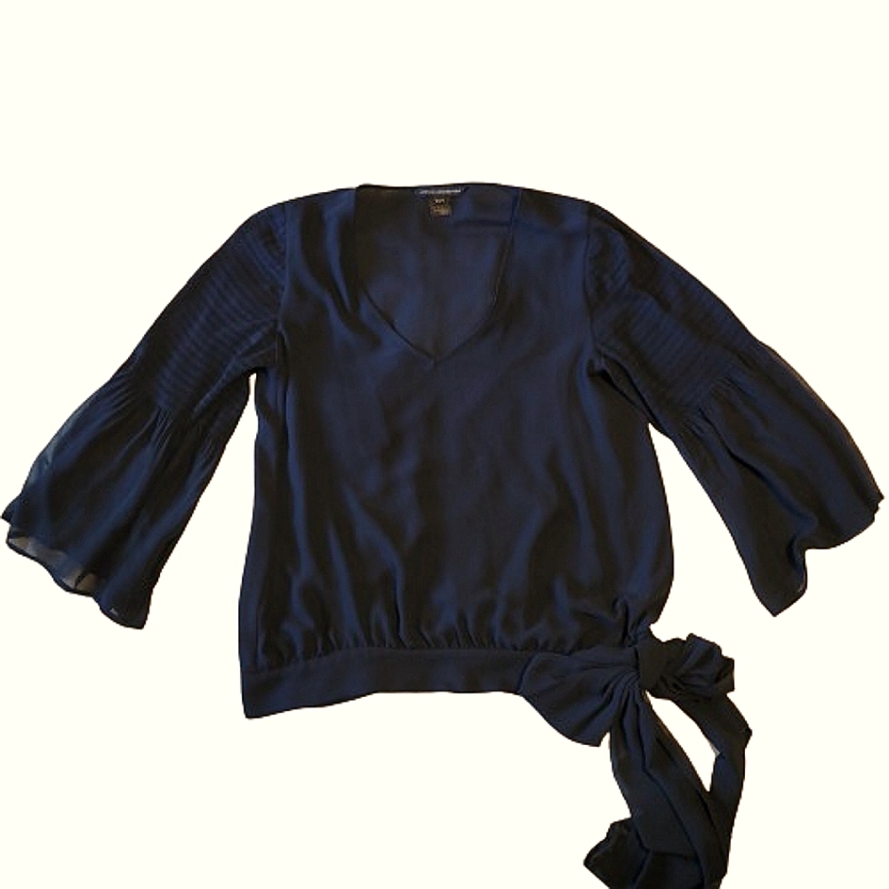 French Connection blue shaffon bell and smocked sleeves blouse with bow size 6